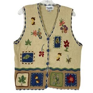 NWOT Vintage TEDDIE Sweater Vest L Petit Tan Floral-Crochet-Appliqué Knit Cotton